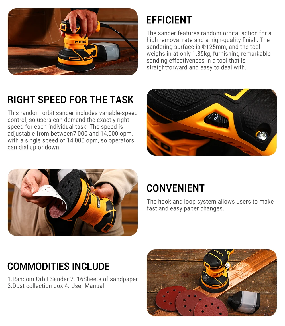 DEKO DKOS32XL125 320W Speed 14000pm Random Orbit Sander Home DIY Carpenter Strong Dust Collection Polisher - Image 9