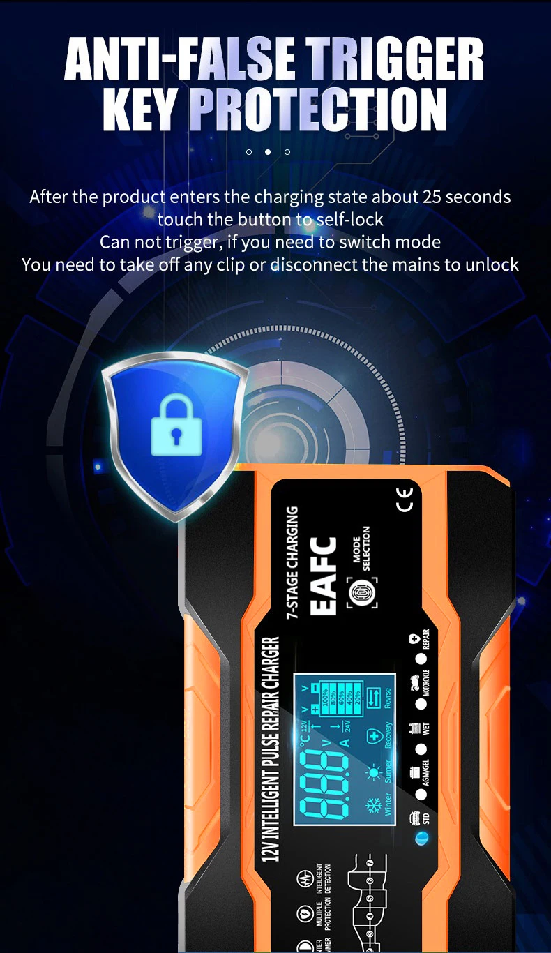 EAFC 12V 12A Car Battery Charger 240W Fully Automatic Pulse Repair Charging Suitable for Car Motorcycle AGM GEL WET Lead Acid - Image 16