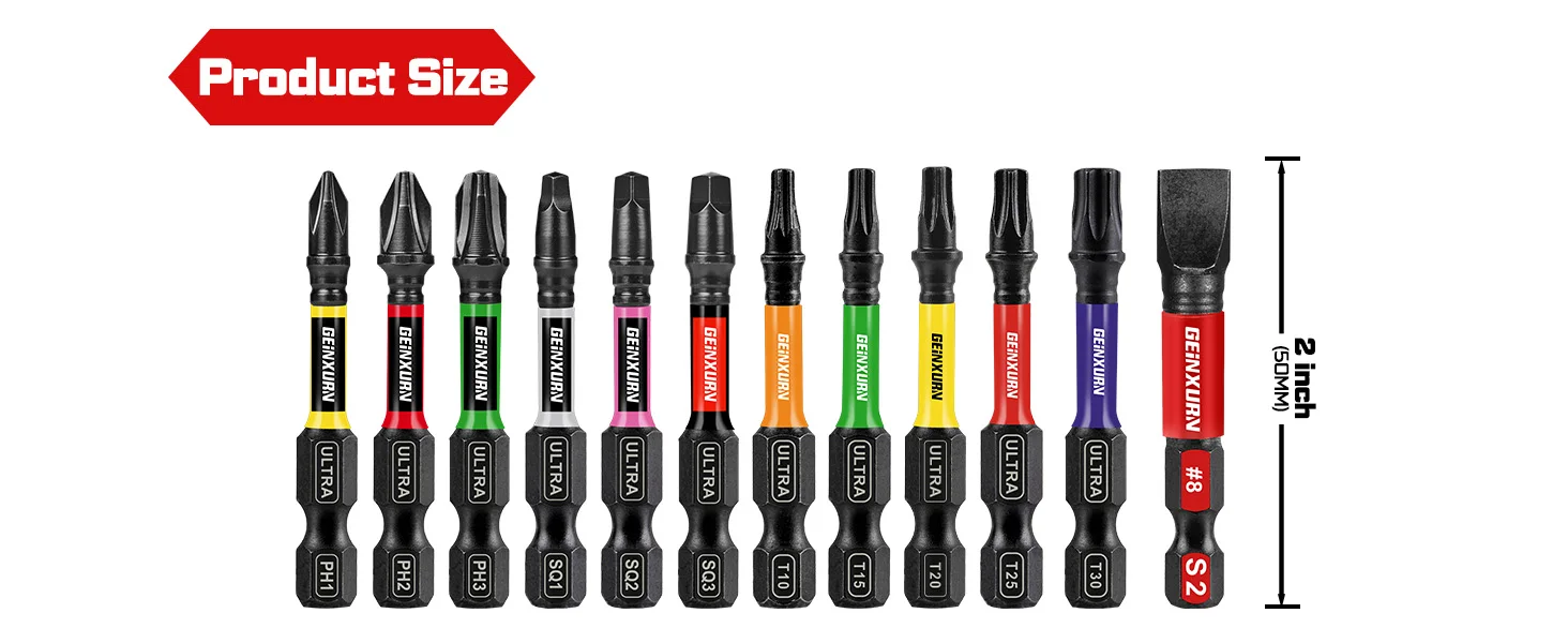 Geinxurn 13PCS Impact Phillipes/Square/Slotted Screwdriver Bits Set, 2'' Magnetic S2 Steel Bits Set with Color Coded Base - Image 10