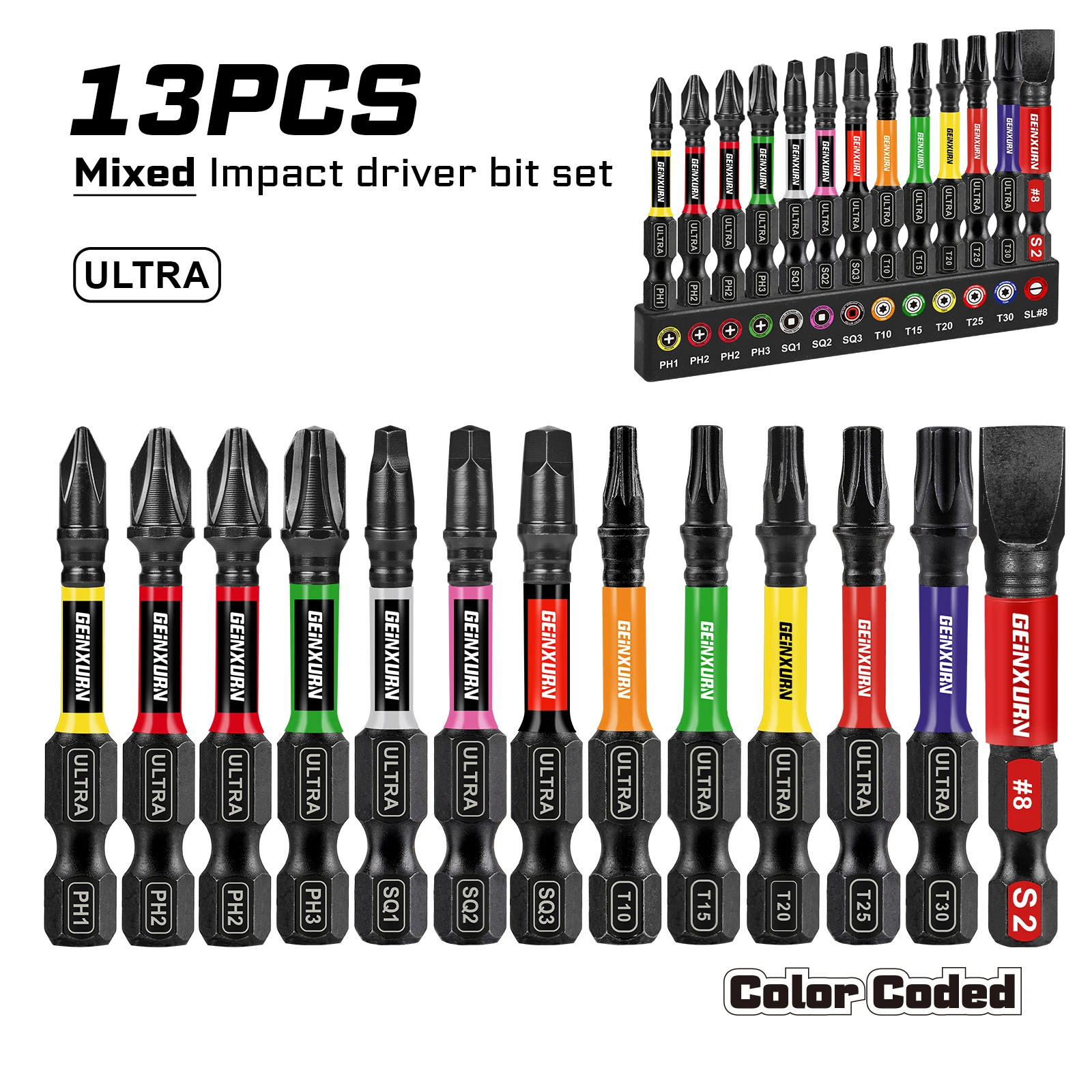 Geinxurn 13PCS Impact Phillipes/Square/Slotted Screwdriver Bits Set, 2'' Magnetic S2 Steel Bits Set with Color Coded Base - Image 7