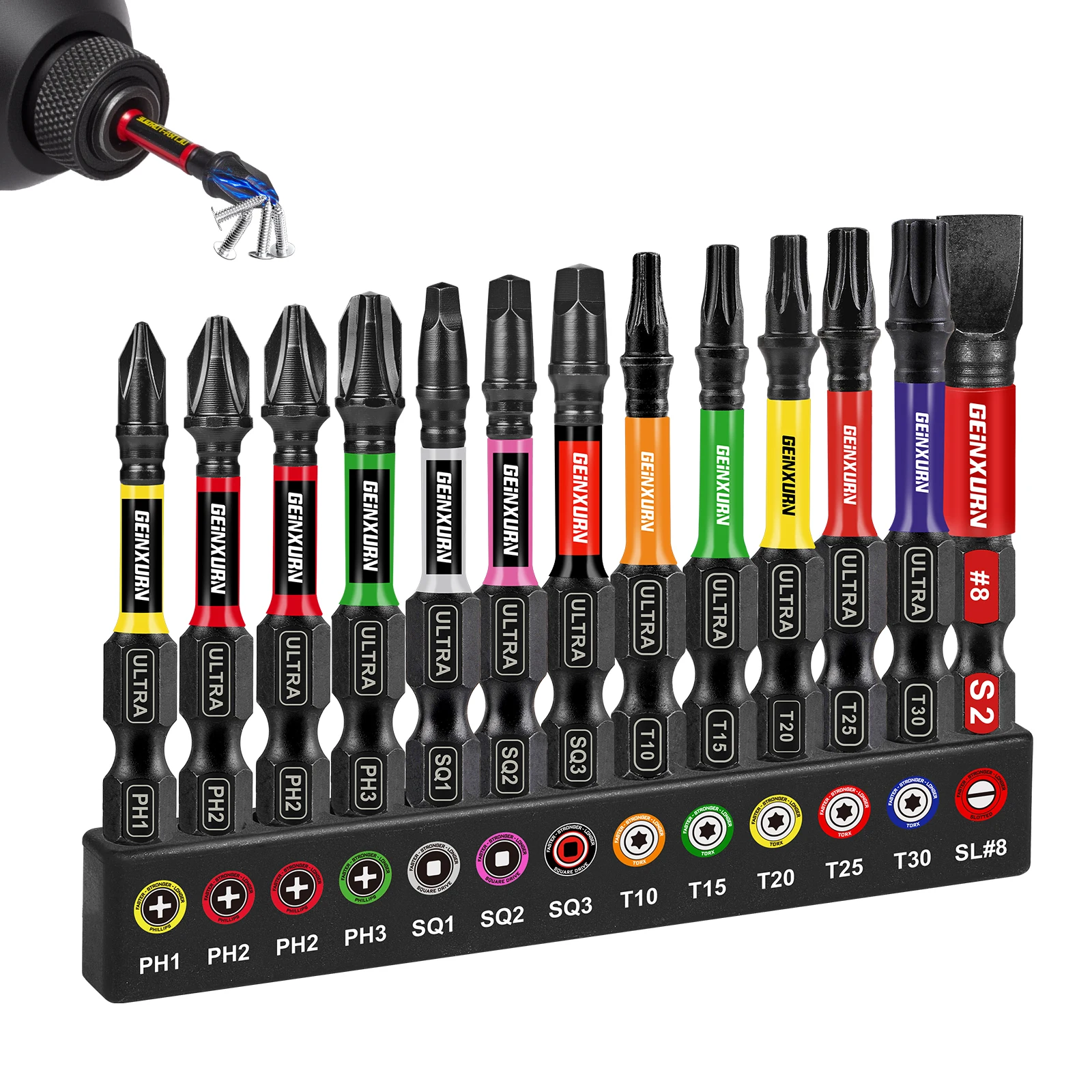 Geinxurn 13PCS Impact Phillipes/Square/Slotted Screwdriver Bits Set, 2'' Magnetic S2 Steel Bits Set with Color Coded Base