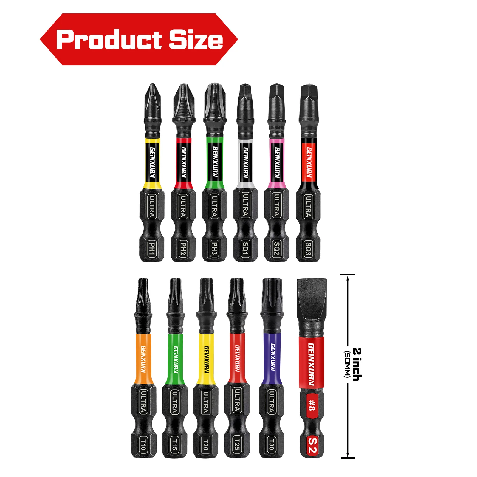 Geinxurn 13PCS Impact Phillipes/Square/Slotted Screwdriver Bits Set, 2'' Magnetic S2 Steel Bits Set with Color Coded Base - Image 2
