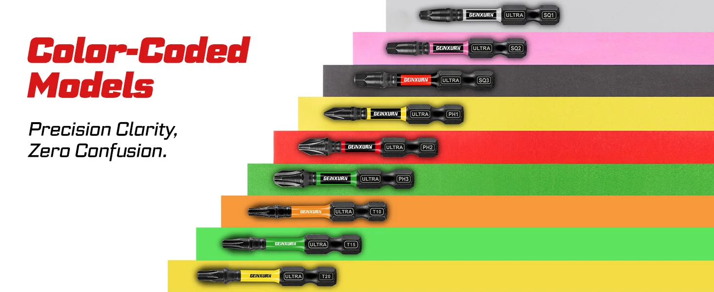 Geinxurn 13PCS Impact Phillipes/Square/Slotted Screwdriver Bits Set, 2'' Magnetic S2 Steel Bits Set with Color Coded Base - Image 18