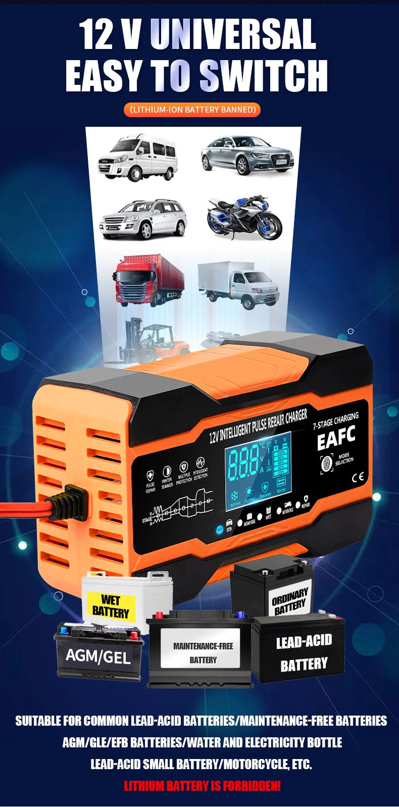EAFC 12V 12A Car Battery Charger 240W Fully Automatic Pulse Repair Charging Suitable for Car Motorcycle AGM GEL WET Lead Acid - Image 11