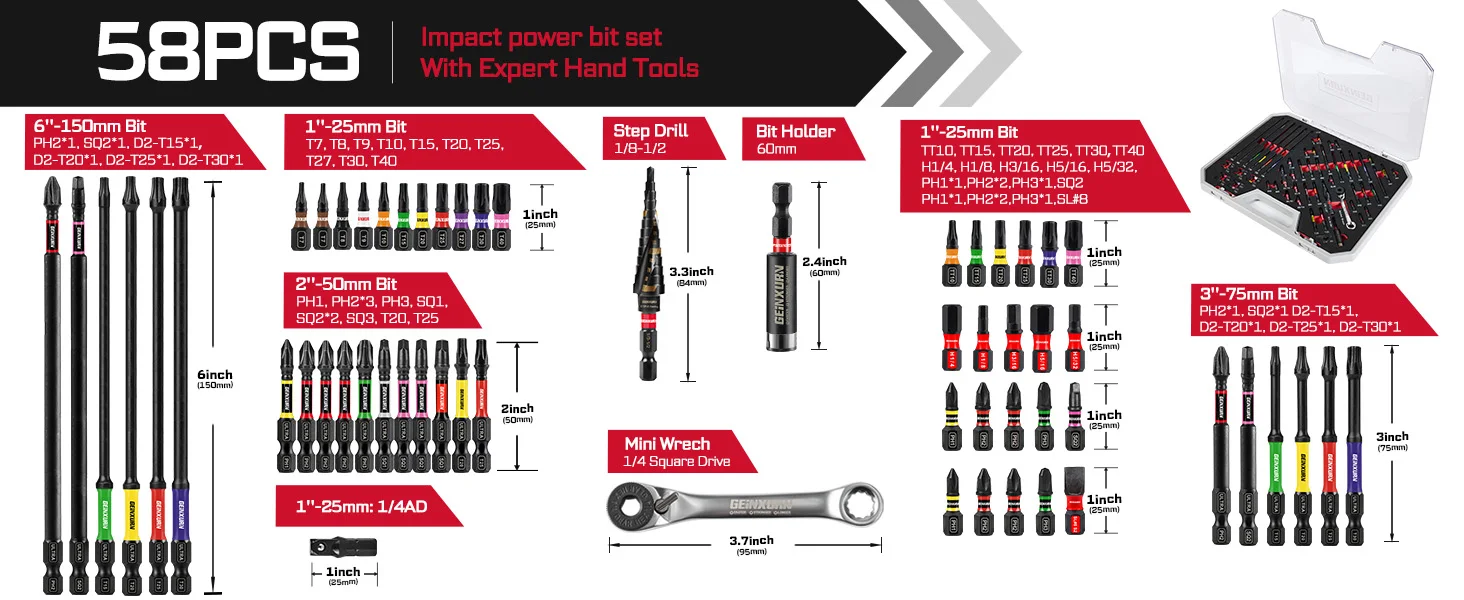 Geinxurn 58Pcs Tools Set Packaged with Impact Screwdriver Bits,Mini Wrech,Step Drill,Socket Adapter and Bit Holder for DIY - Image 9
