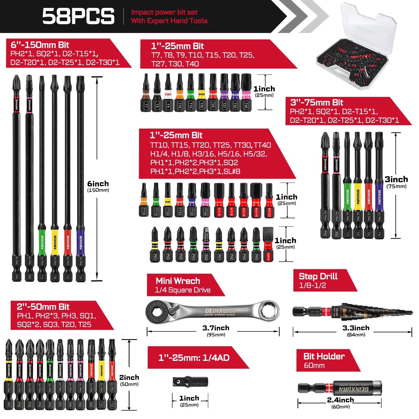 Geinxurn 58Pcs Tools Set Packaged with Impact Screwdriver Bits,Mini Wrech,Step Drill,Socket Adapter and Bit Holder for DIY - Image 7
