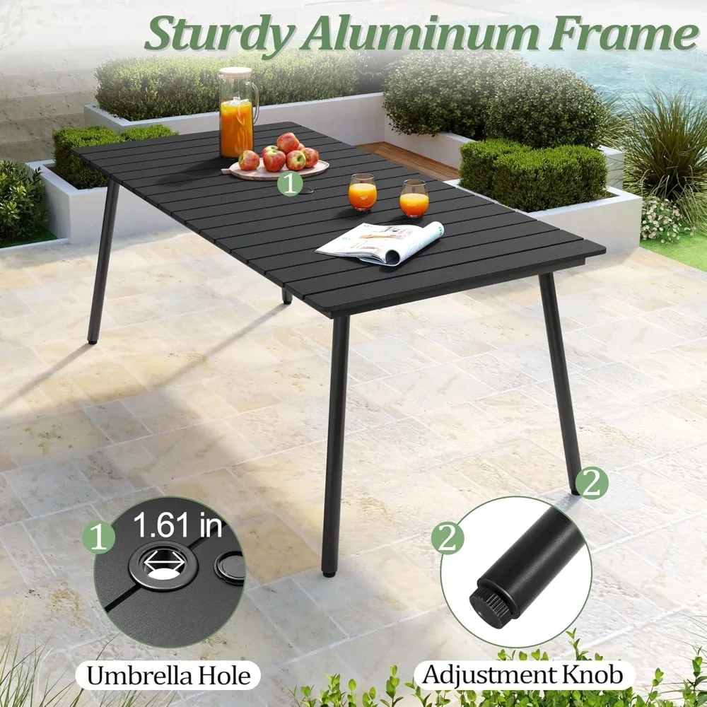 Outdoor Dining Table for 6, 70inch Patio Dining Table with Wooden-Like Top and Aluminum Frame, Rectangular Table with Umbrella H - Image 5