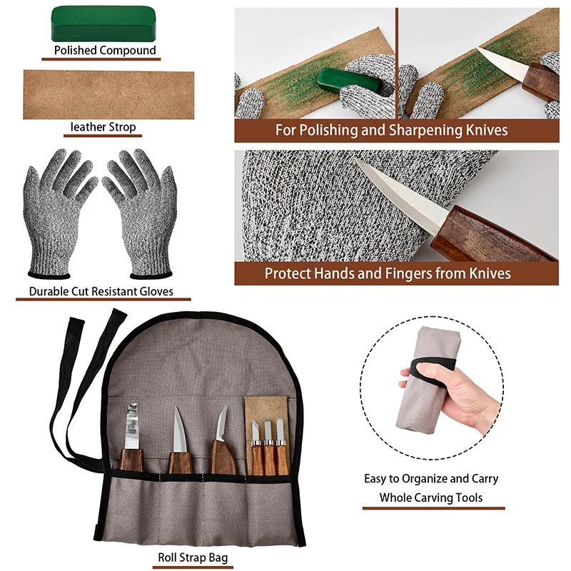 10Pcs Wood Carving Tools Set with Detail Wood Carving Knife Wood Chisel Knife Gloves Carving Knife Sharpener for Spoon Bowl Cup - Image 5