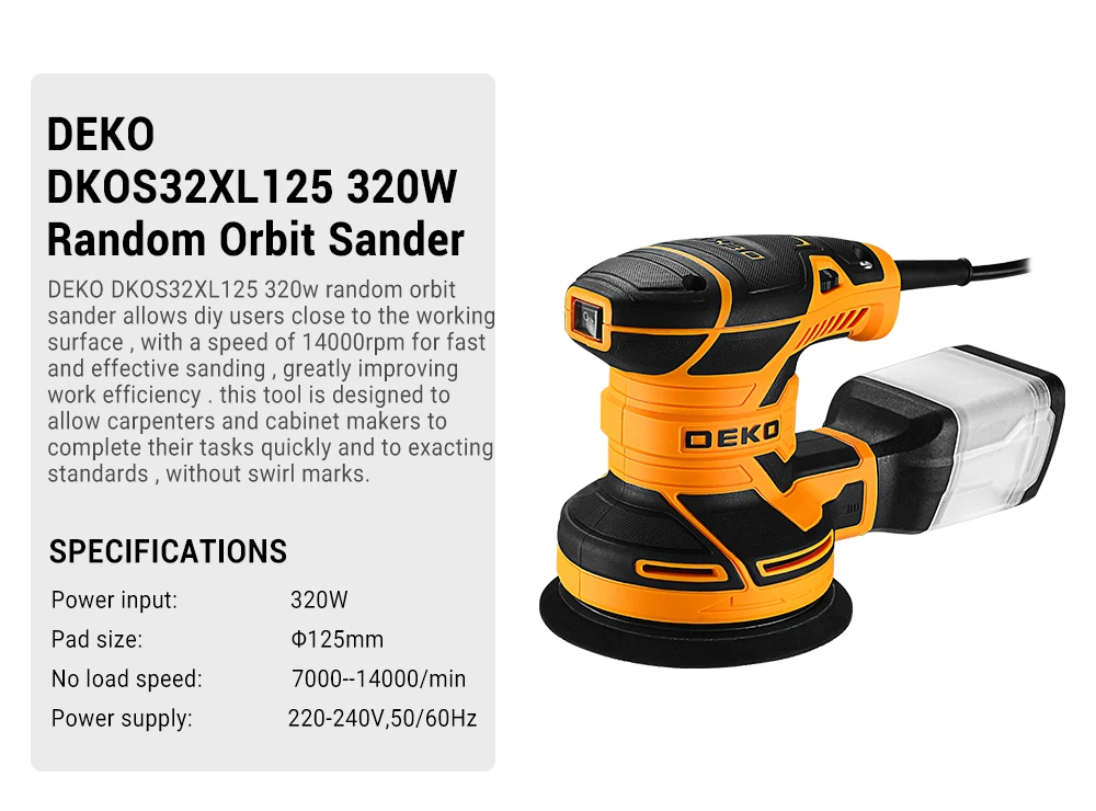 DEKO DKOS32XL125 320W Speed 14000pm Random Orbit Sander Home DIY Carpenter Strong Dust Collection Polisher - Image 8