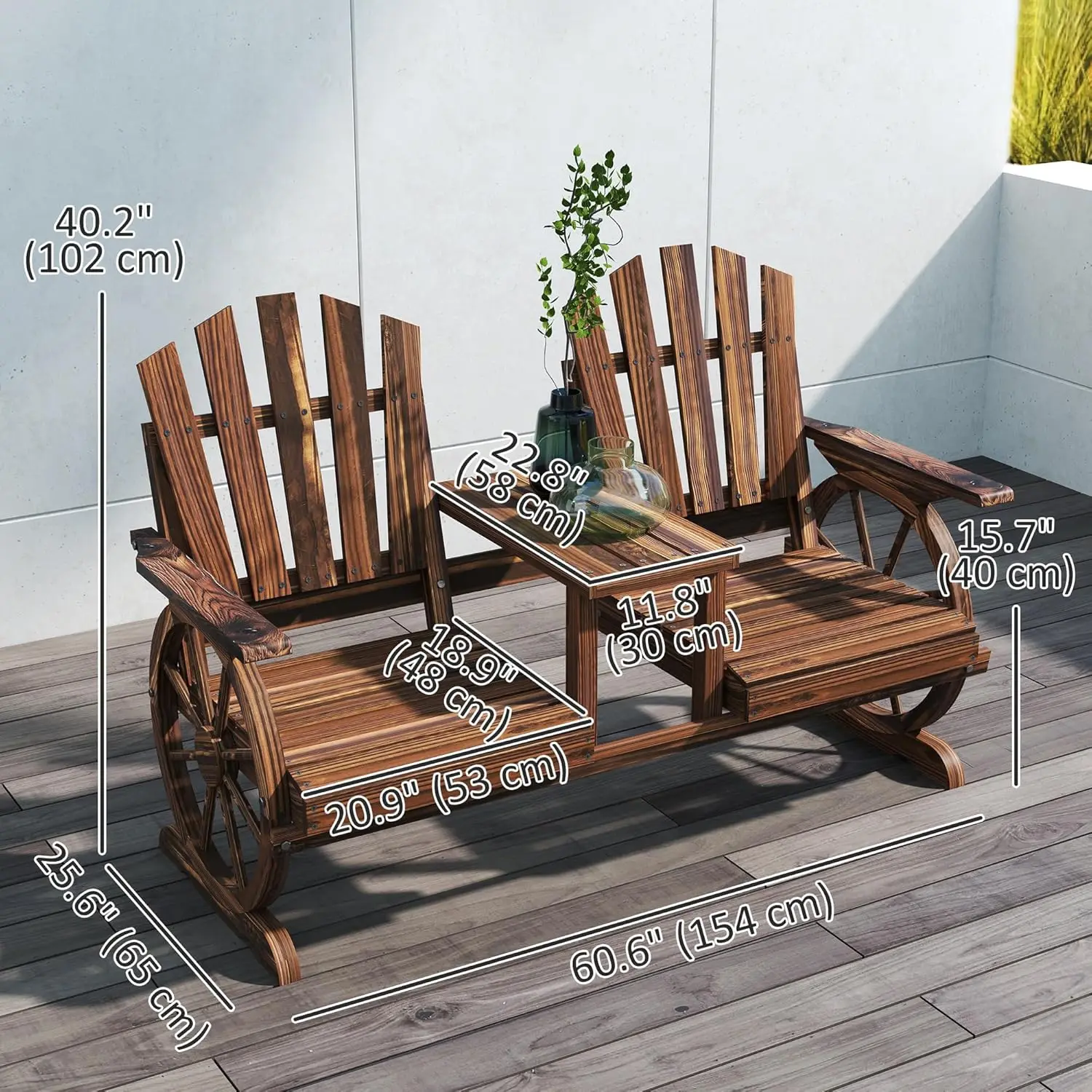 Wooden Garden Bench with Table, Umbrella Hole, 2-Seat Outdoor Patio Furniture for Backyard - Image 9