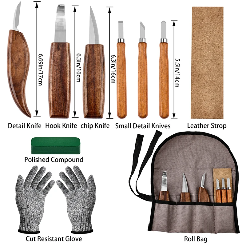 10Pcs Wood Carving Tools Set with Detail Wood Carving Knife Wood Chisel Knife Gloves Carving Knife Sharpener for Spoon Bowl Cup - Image 2