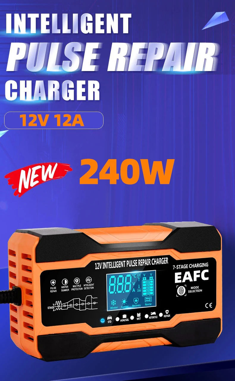 EAFC 12V 12A Car Battery Charger 240W Fully Automatic Pulse Repair Charging Suitable for Car Motorcycle AGM GEL WET Lead Acid - Image 8