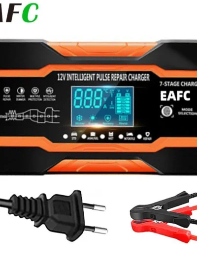 EAFC 12V 12A Car Battery Charger 240W Fully Automatic Pulse Repair Charging Suitable for Car Motorcycle AGM GEL WET Lead Acid