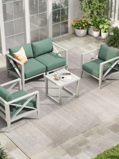 Aluminum Outdoor Furniture Set,4-Seats Patio Sectional Conversation Sofa with 6" All-Weather Cushions and Coffee Table