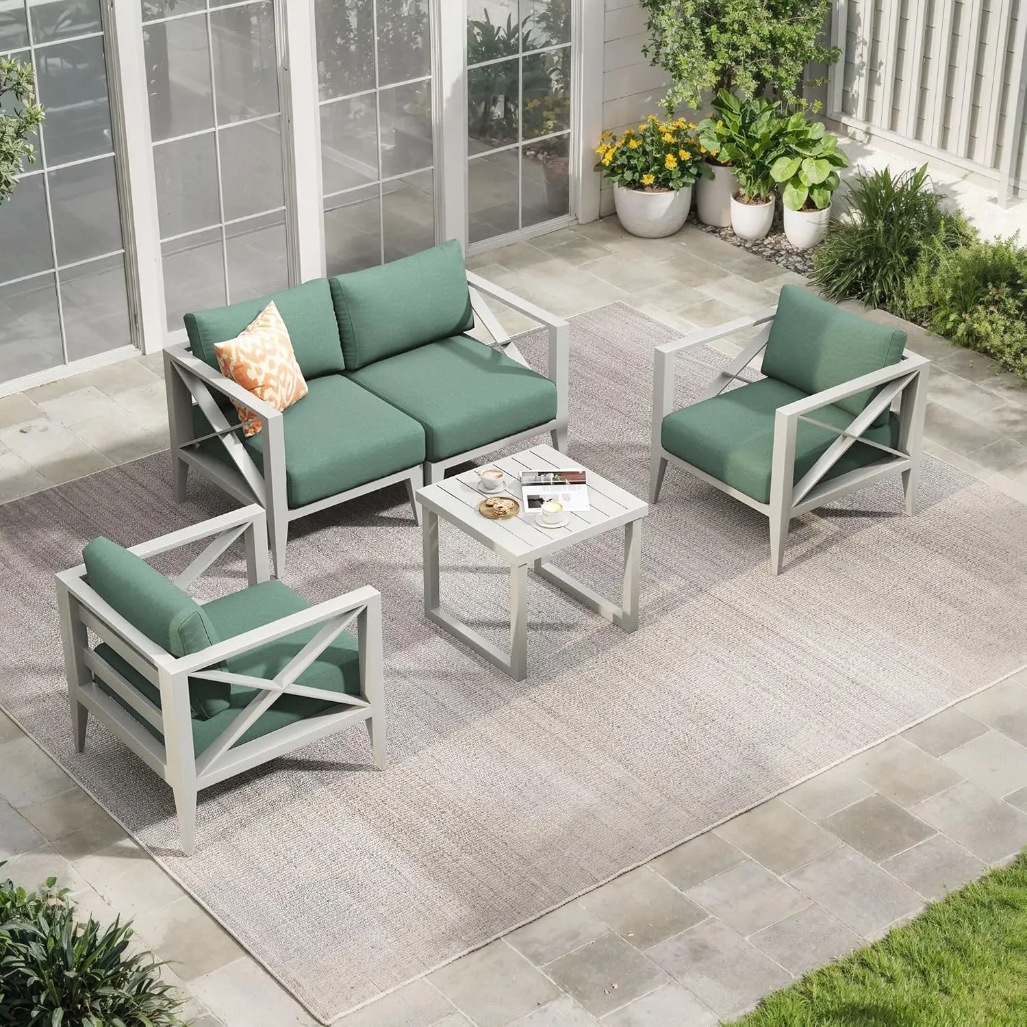 Aluminum Outdoor Furniture Set,4-Seats Patio Sectional Conversation Sofa with 6" All-Weather Cushions and Coffee Table