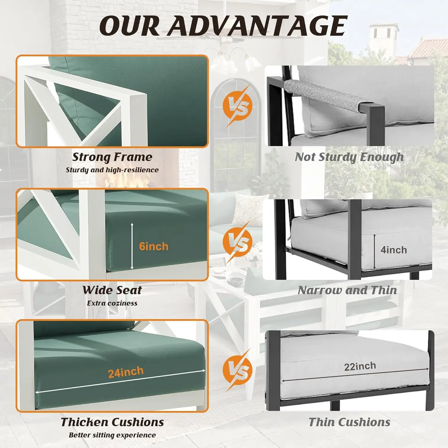 Aluminum Outdoor Furniture Set,4-Seats Patio Sectional Conversation Sofa with 6" All-Weather Cushions and Coffee Table - Image 5