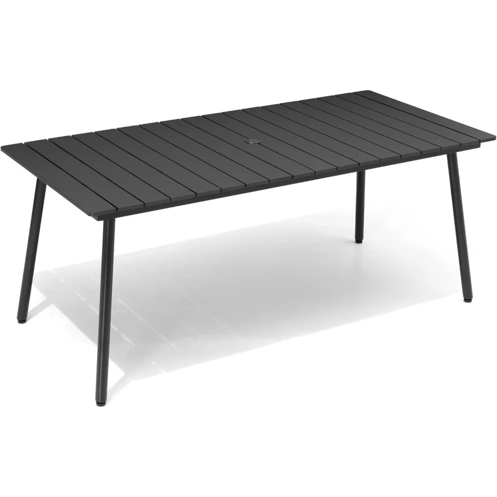 Outdoor Dining Table for 6, 70inch Patio Dining Table with Wooden-Like Top and Aluminum Frame, Rectangular Table with Umbrella H - Image 3