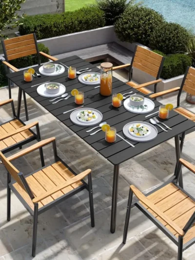 Outdoor Dining Table for 6, 70inch Patio Dining Table with Wooden-Like Top and Aluminum Frame, Rectangular Table with Umbrella H