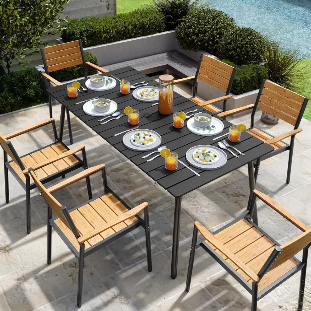 Outdoor Dining Table for 6, 70inch Patio Dining Table with Wooden-Like Top and Aluminum Frame, Rectangular Table with Umbrella H