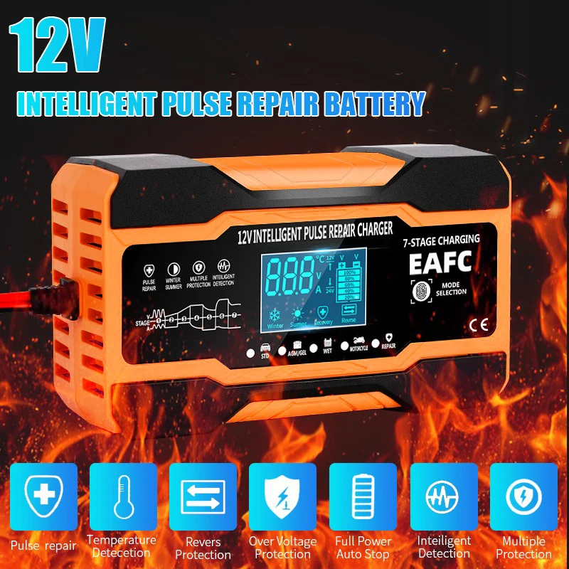 EAFC 12V 12A Car Battery Charger 240W Fully Automatic Pulse Repair Charging Suitable for Car Motorcycle AGM GEL WET Lead Acid - Image 2