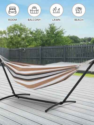 NEW Double Hammock with Stand Included 450lb Capacity Space Saving Steel Stand,Premium Carry Bag Included(Coffee),Fast  delivery