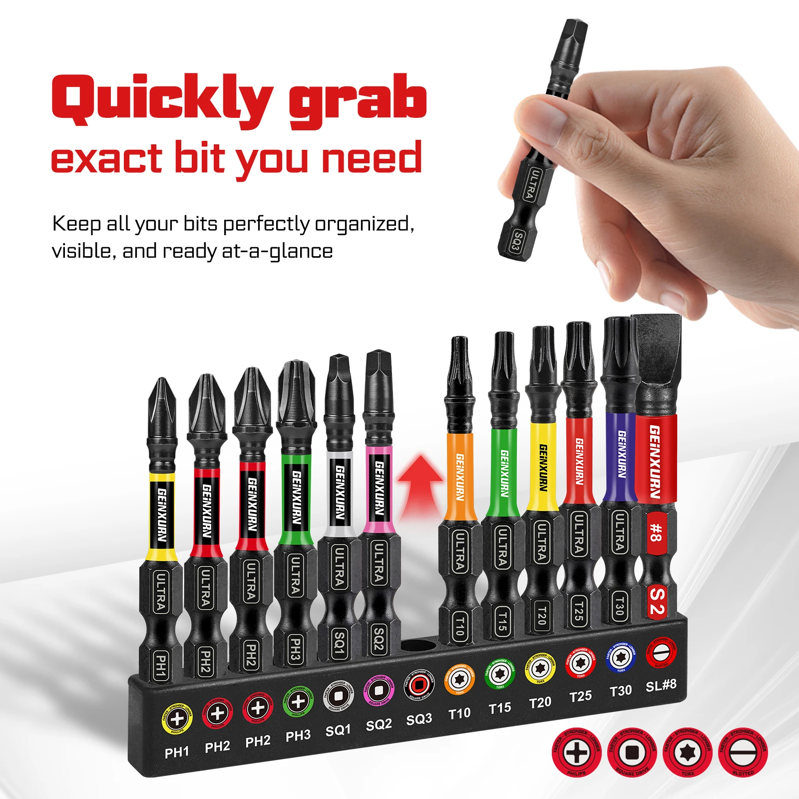 Geinxurn 13PCS Impact Phillipes/Square/Slotted Screwdriver Bits Set, 2'' Magnetic S2 Steel Bits Set with Color Coded Base - Image 6