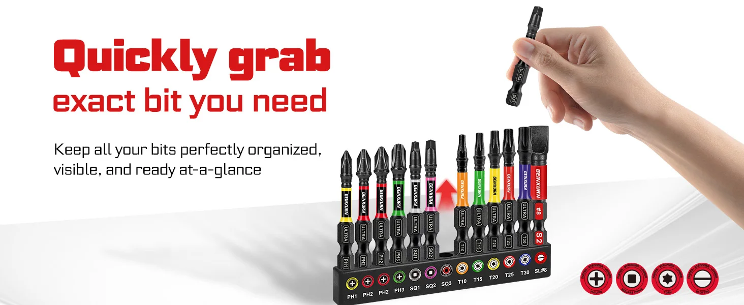 Geinxurn 13PCS Impact Phillipes/Square/Slotted Screwdriver Bits Set, 2'' Magnetic S2 Steel Bits Set with Color Coded Base - Image 11
