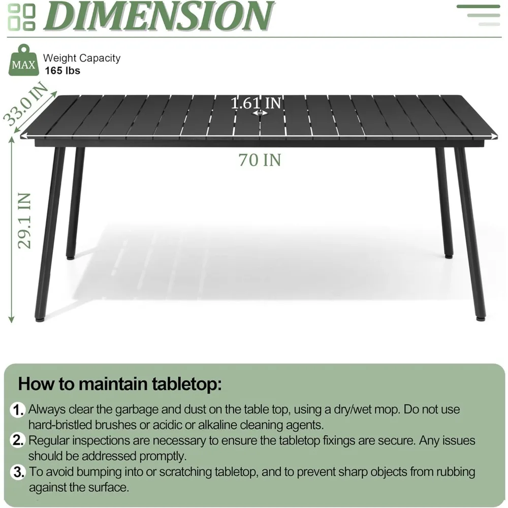 Outdoor Dining Table for 6, 70inch Patio Dining Table with Wooden-Like Top and Aluminum Frame, Rectangular Table with Umbrella H - Image 2