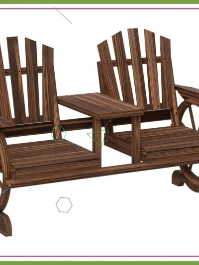 Wooden Garden Bench with Table, Umbrella Hole, 2-Seat Outdoor Patio Furniture for Backyard