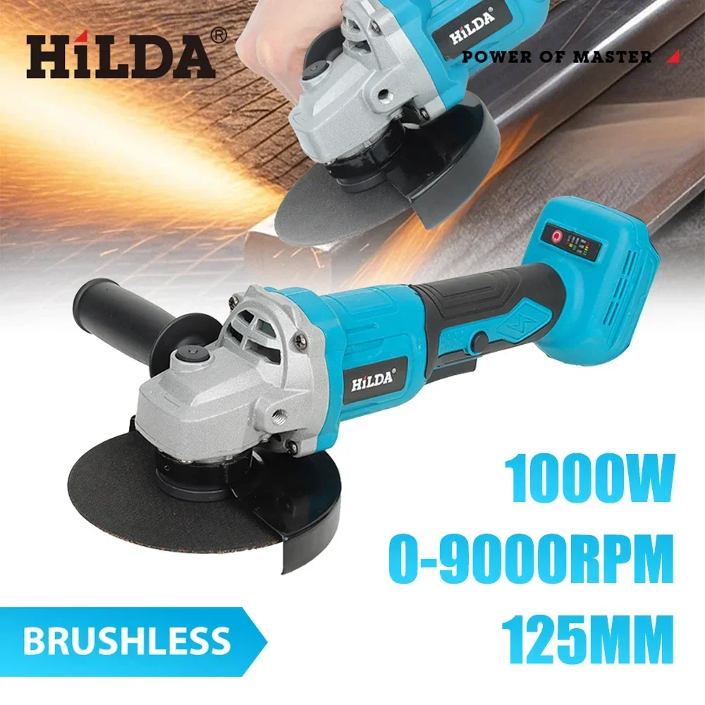 HILDA 21V Handheld Brushless Angle Grinder Cutting Rechargeable Electric Power Tool Polishing Machine Grinder for Makita Battery