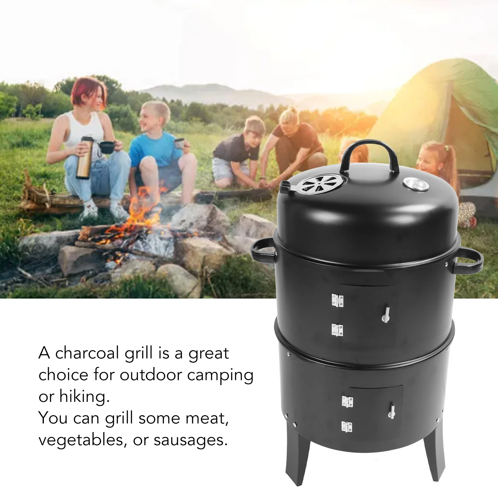 Vertical Charcoal Smoker Vertical Charcoal Smoker 3 in 1 3 Layer Grill Barbecue Smoker BBQ Grill with Thermometer for Cooking - Image 4