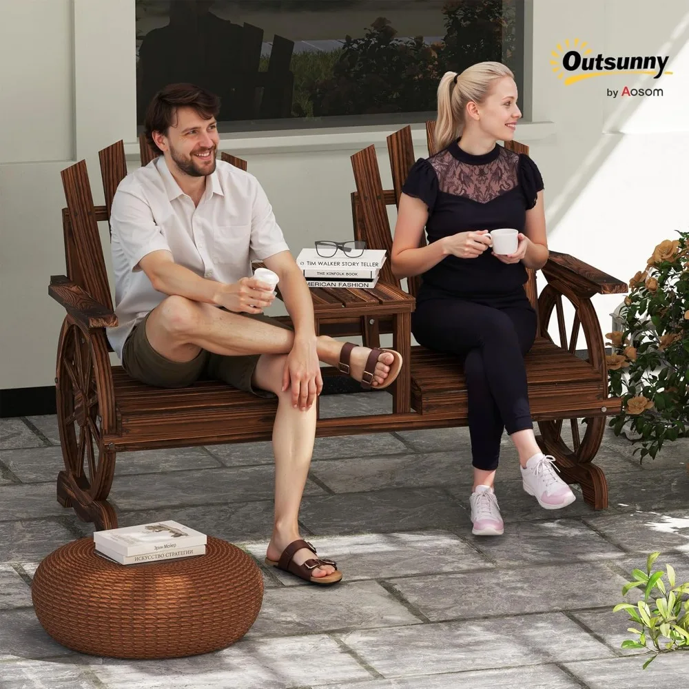 Wooden Garden Bench with Table, Umbrella Hole, 2-Seat Outdoor Patio Furniture for Backyard - Image 2