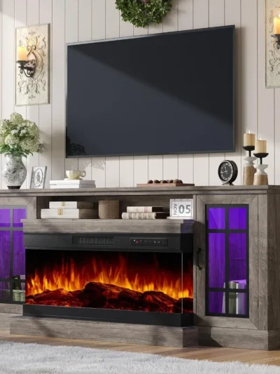 75in 3-Sided Glass Fireplace TV Stand with LED Lights for TVs up to 85", Rustic Fireplace Media Entertainment Center Console Ca