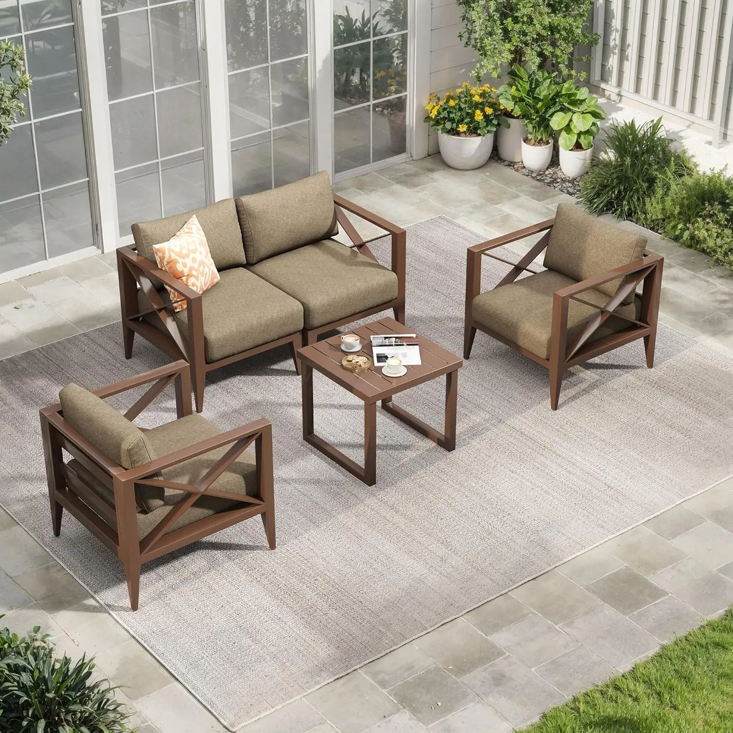 Aluminum Outdoor Furniture Set,4-Seats Patio Sectional Conversation Sofa with 6" All-Weather Cushions and Coffee Table - Image 7