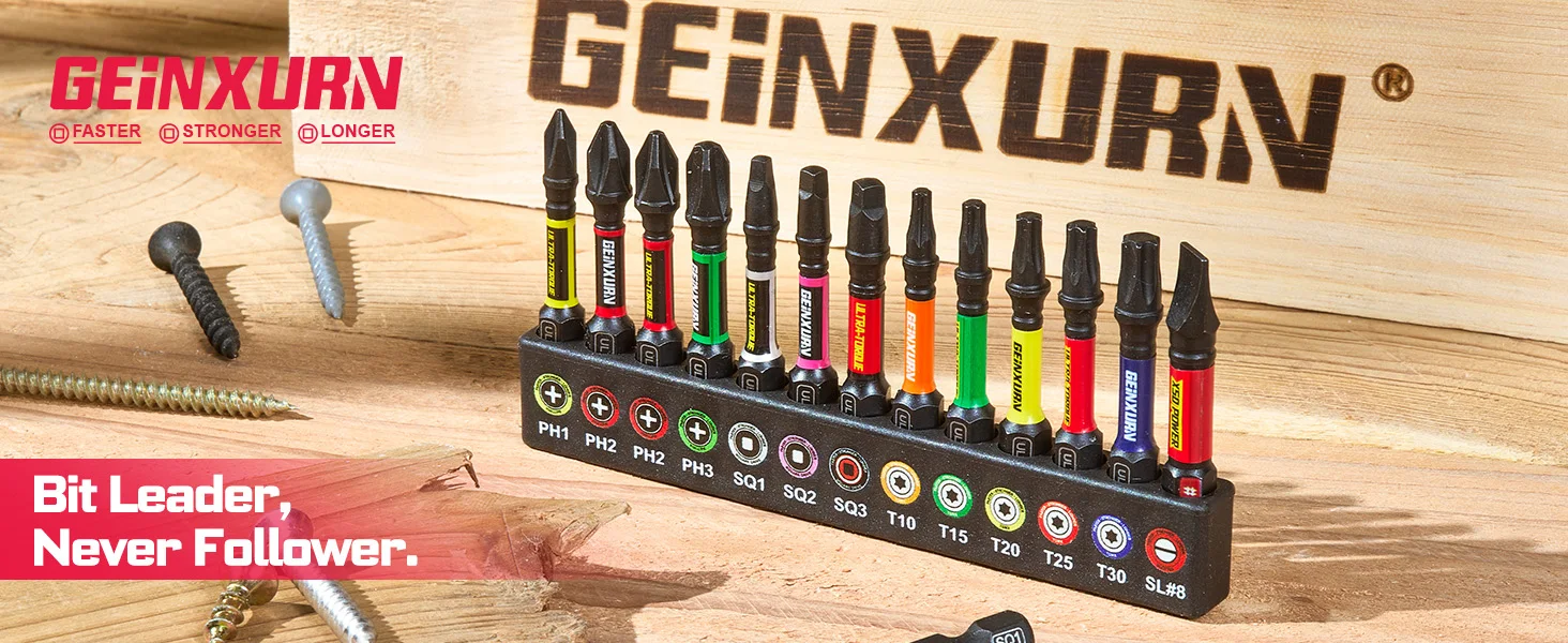 Geinxurn 13PCS Impact Phillipes/Square/Slotted Screwdriver Bits Set, 2'' Magnetic S2 Steel Bits Set with Color Coded Base - Image 9