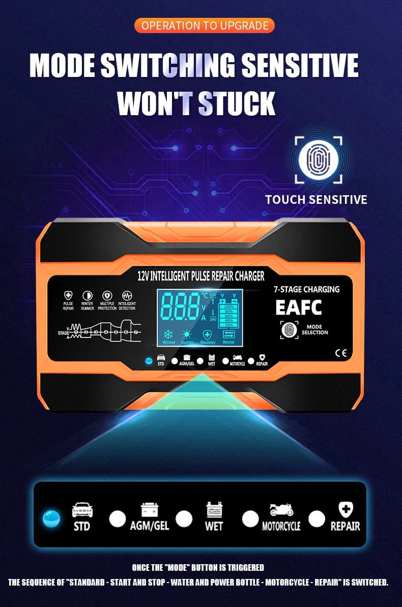 EAFC 12V 12A Car Battery Charger 240W Fully Automatic Pulse Repair Charging Suitable for Car Motorcycle AGM GEL WET Lead Acid - Image 10
