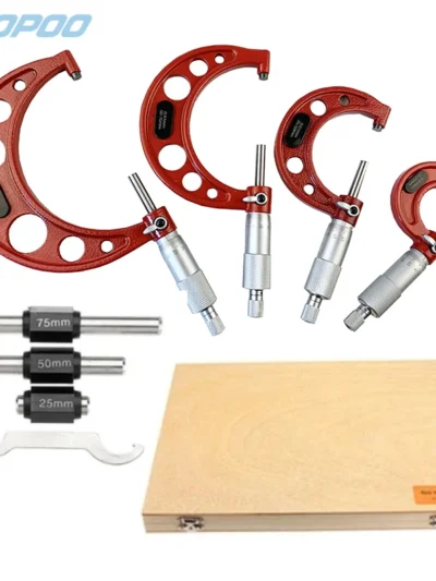 0-25mm-50mm-75mm-100mm Outside Micrometer Set with Standards Ratchet Stop 0-100mm Range 0.01mm Graduation (4 Piece Set)