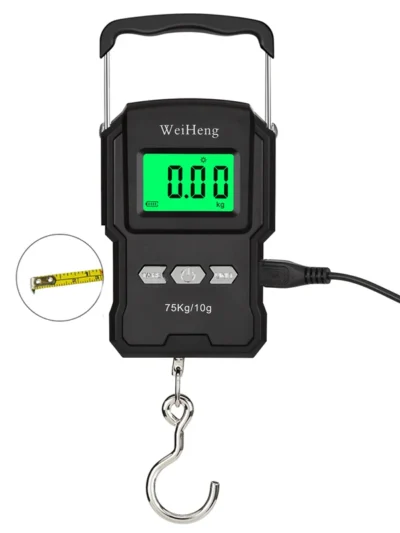 Black Electronic Weighing Digital Scale Rechargeable LCD 75Kg 10g Luggage Scale Hanging Hook Fishing Scale with Measuring Tape