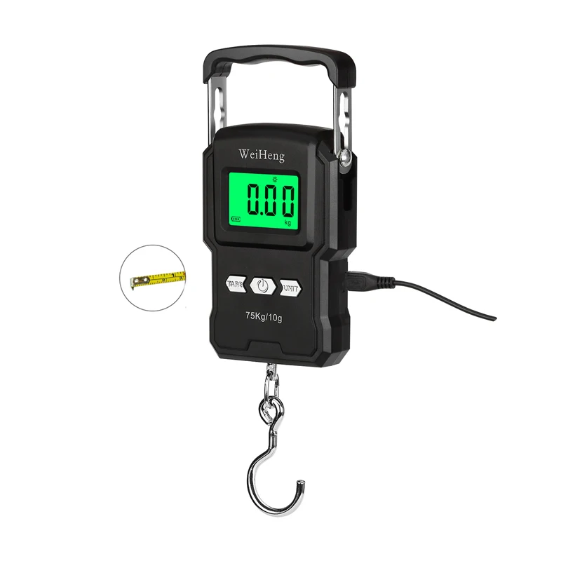 Black Electronic Weighing Digital Scale Rechargeable LCD 75Kg 10g Luggage Scale Hanging Hook Fishing Scale with Measuring Tape - Image 9