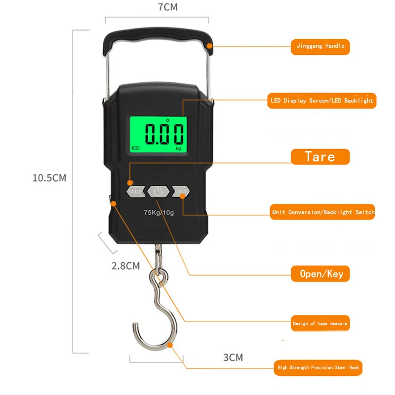 Black Electronic Weighing Digital Scale Rechargeable LCD 75Kg 10g Luggage Scale Hanging Hook Fishing Scale with Measuring Tape - Image 2