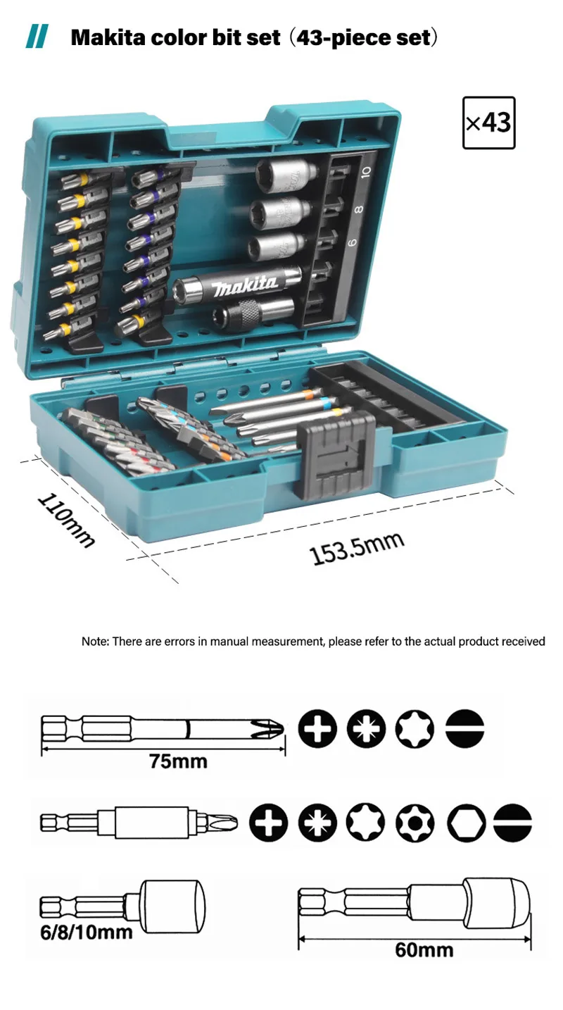 Makita B-55697 Electric Screwdriver Bits Set 43Pcs Colour Coded Cross Flower Type Hexagon Socket Bit Power Tool Attachments - Image 13