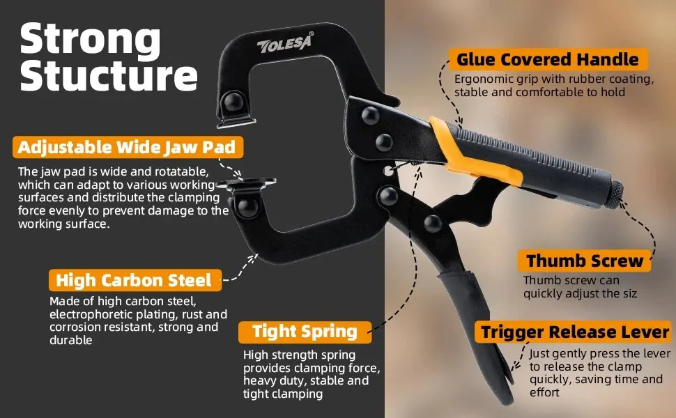 TOLESA 6" C Clamp 3PCS Metal Face Clamp Locking Plier with Flat Swivel Pads for Woodworking Pocket Hole Joinery Cabinet Carpentr - Image 9