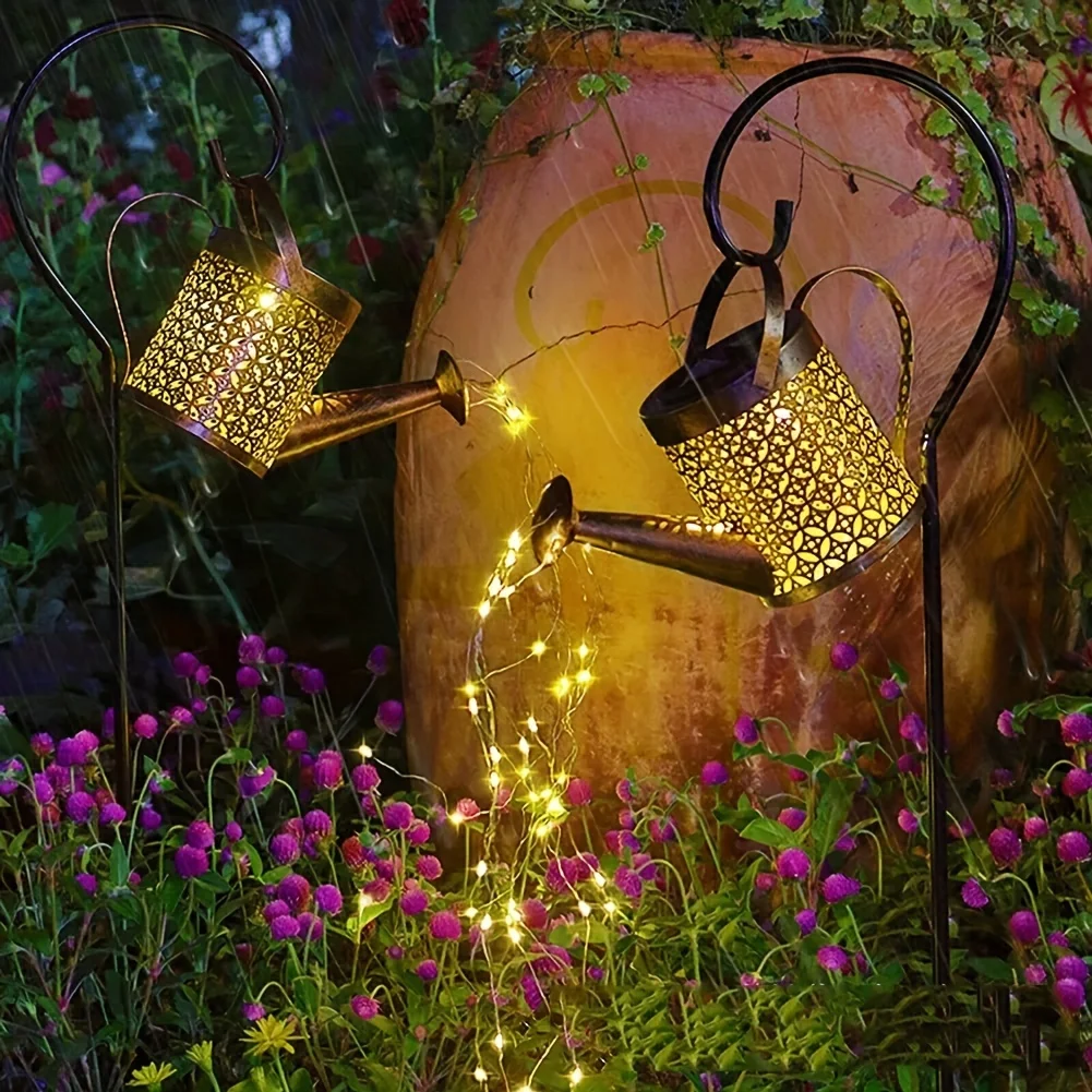 Large Retro Metal Lantern Solar Watering Can Light Outdoor Waterproof Shower Lights Hanging Star LED - Image 13