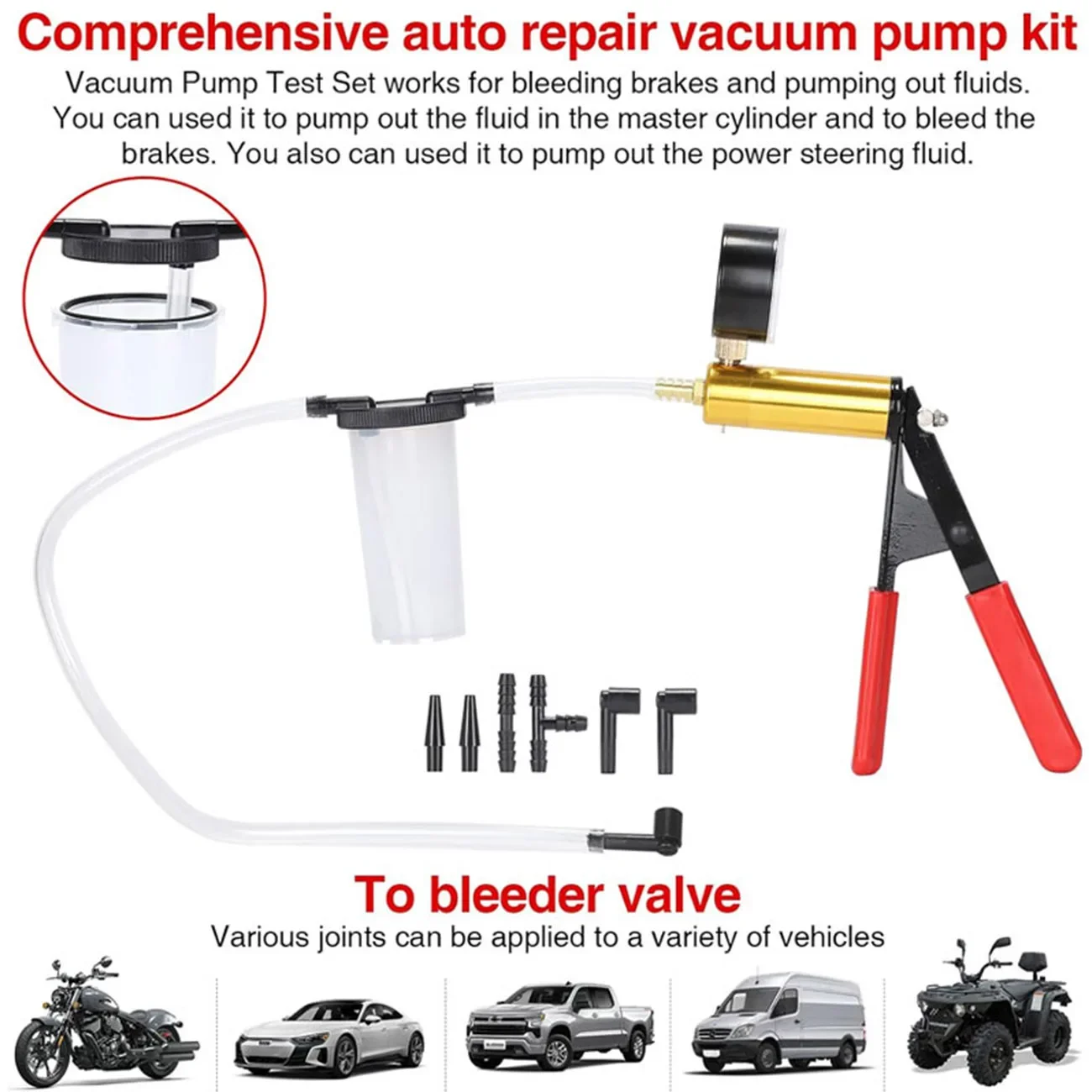 2 in 1 Manual Vacuum Pressure Pump Brake Fluid Drain Kit Vacuum Pistol Pump Tester Kit Portable Durable Aluminum Vacuum Gauge - Image 2