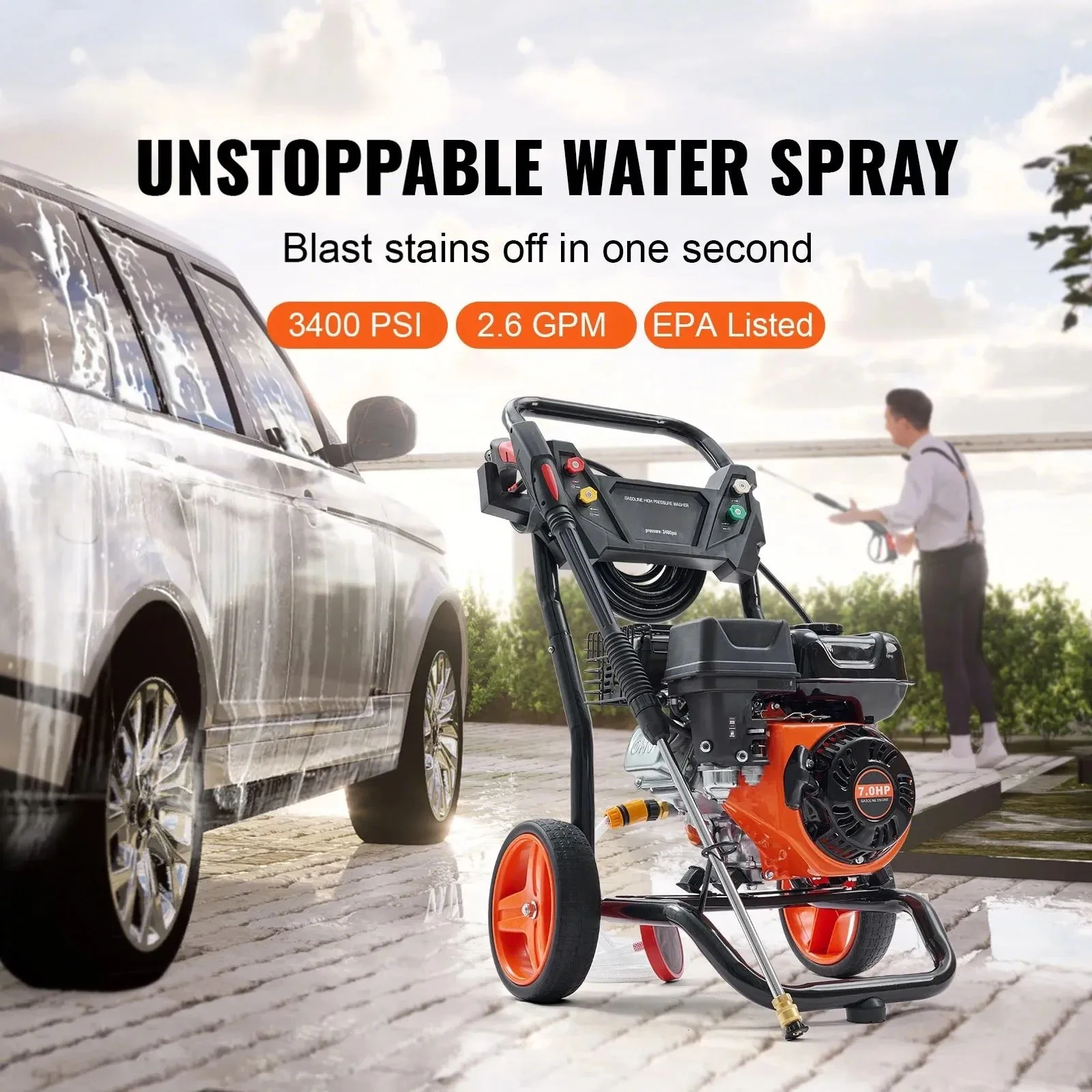 VEVOR Gas Pressure Washer, Gas Powered Pressure Washer with Aluminum Pump, 3400 PSI 2.6 GPM,Spray Gun and Extension Wand - Image 2