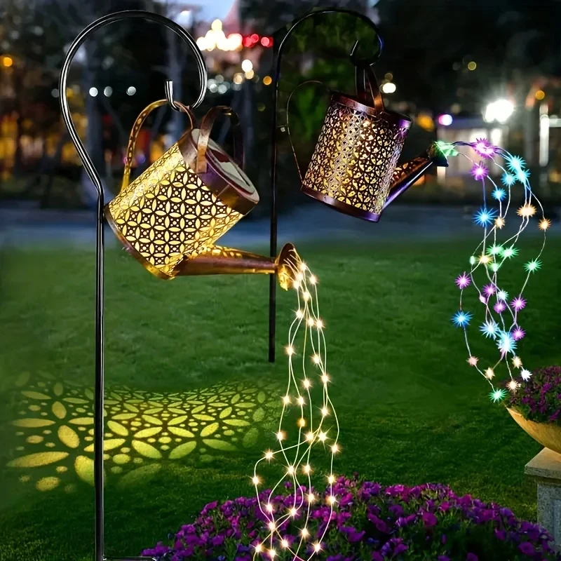 Large Retro Metal Lantern Solar Watering Can Light Outdoor Waterproof Shower Lights Hanging Star LED