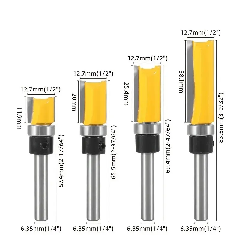 4pcs,1/4-Inch Shank Bearing Guided Pattern Router Bit - Woodworking Edge Trimming Tool with Double-Edged Straight Cutter - Image 2