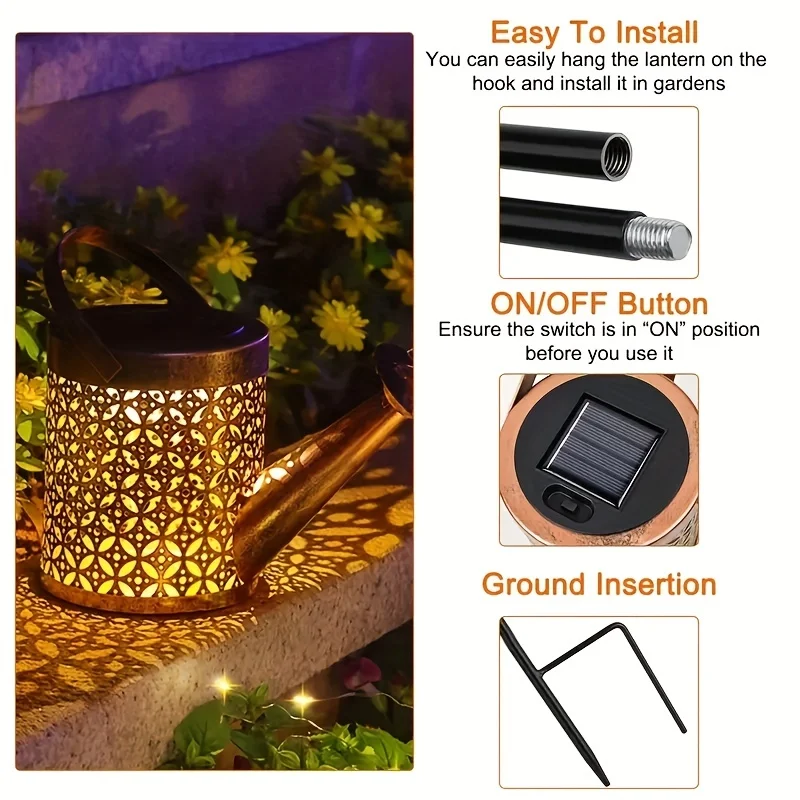 Large Retro Metal Lantern Solar Watering Can Light Outdoor Waterproof Shower Lights Hanging Star LED - Image 14