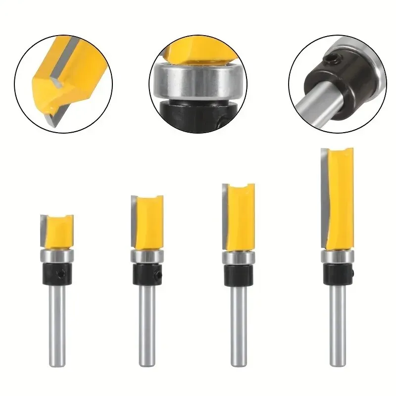 4pcs,1/4-Inch Shank Bearing Guided Pattern Router Bit - Woodworking Edge Trimming Tool with Double-Edged Straight Cutter - Image 4