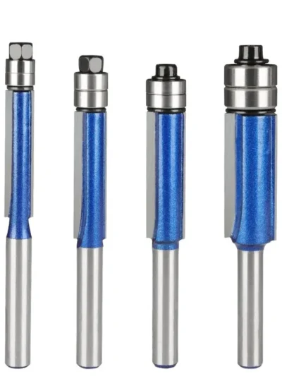 4pcs,Sparkling Silver-Blue Double Bearing Flush Trim Router Bit - 1/4" Shank Dual Cutting Blades Electric Accessory